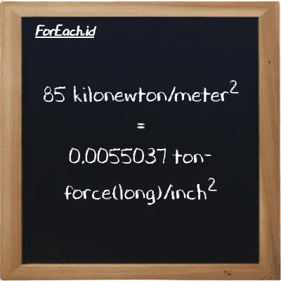 How to convert kilonewton/meter<sup>2</sup> to ton-force(long)/inch<sup>2</sup>: 85 kilonewton/meter<sup>2</sup> (kN/m<sup>2</sup>) is equivalent to 85 times 0.000064749 ton-force(long)/inch<sup>2</sup> (LT f/in<sup>2</sup>)